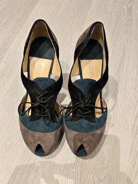 Barneys New York Peep Toe Lace-Up Heels in Brown & Black